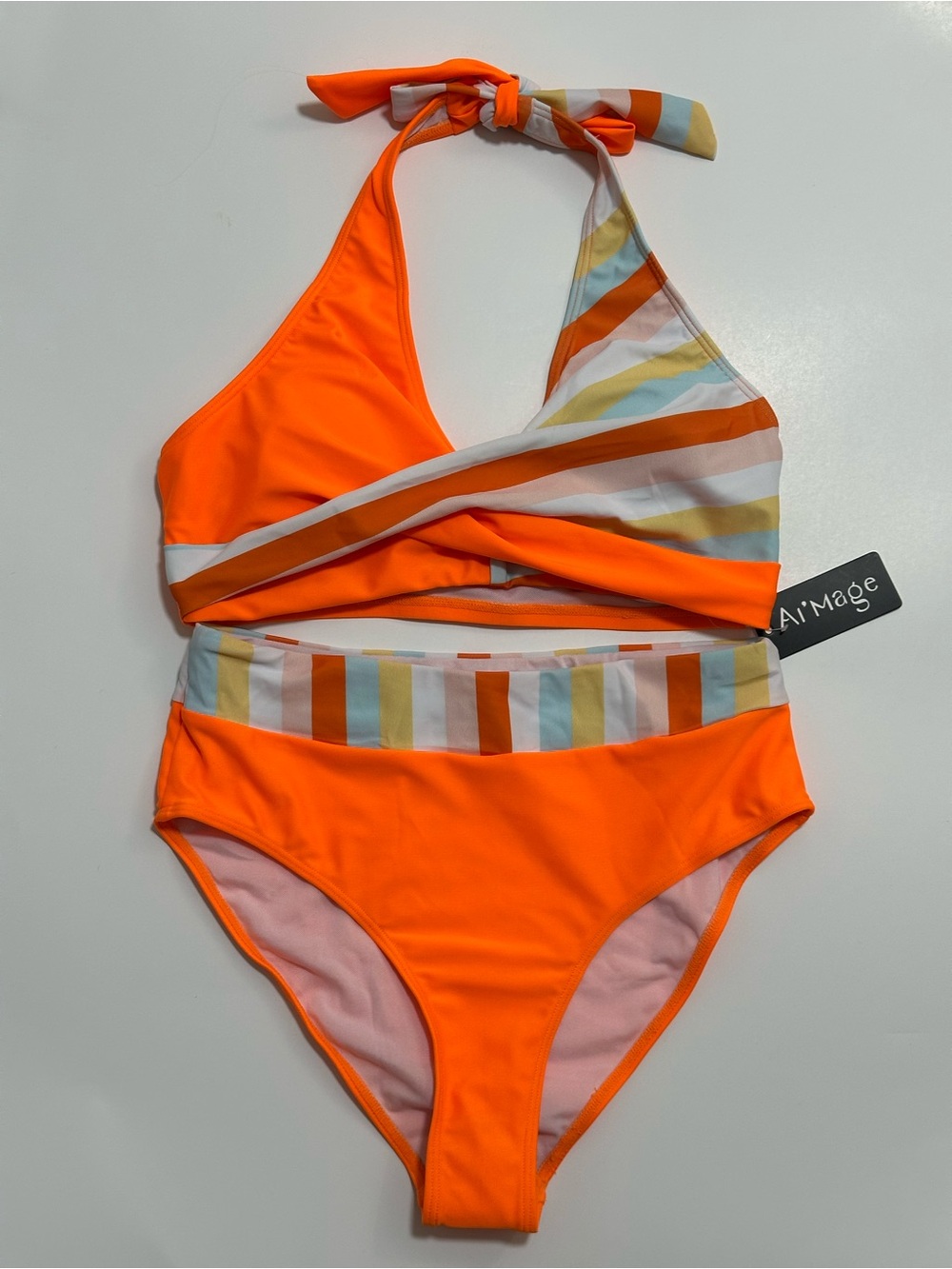 Women's Neon Orange Halter Bikini with Multi-Stripe Accent